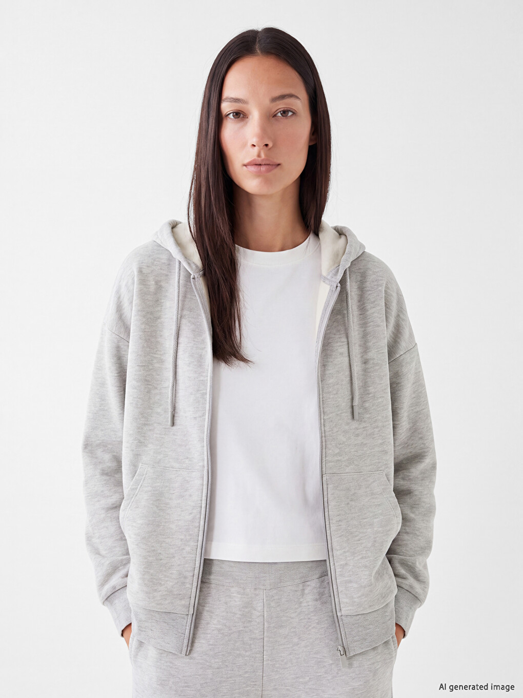 Gri Kapüşonlu Kadın Kalın Fermuarlı Sweatshirt