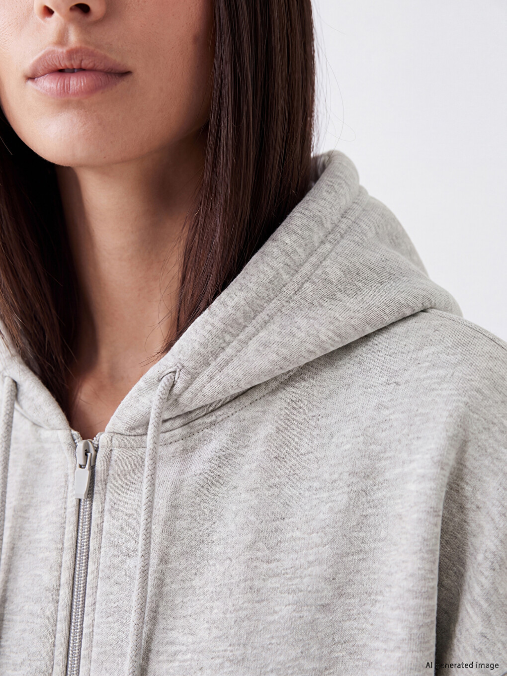 Gri Kapüşonlu Kadın Kalın Fermuarlı Sweatshirt-2