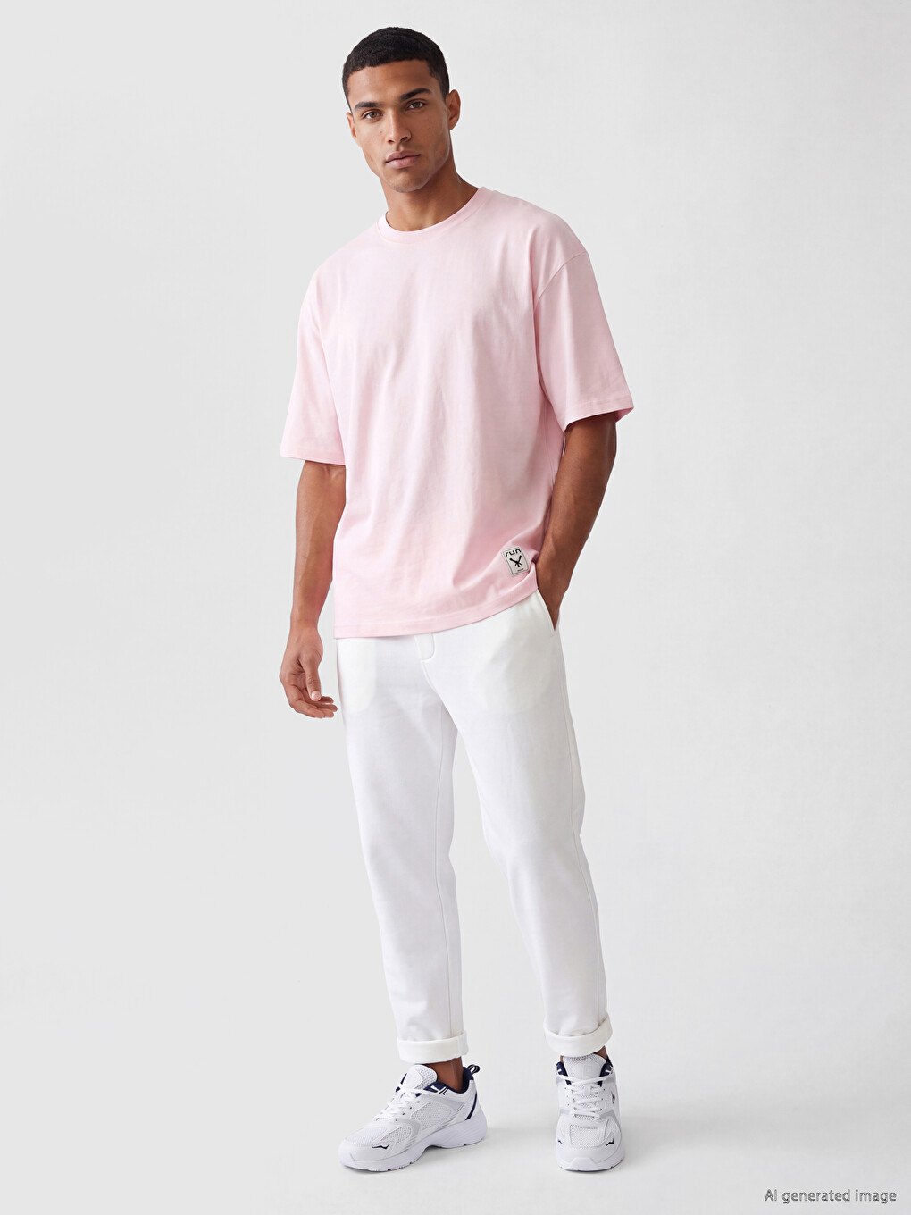Pembe Loose Fit Bisiklet Yaka Erkek Spor Tişört-1