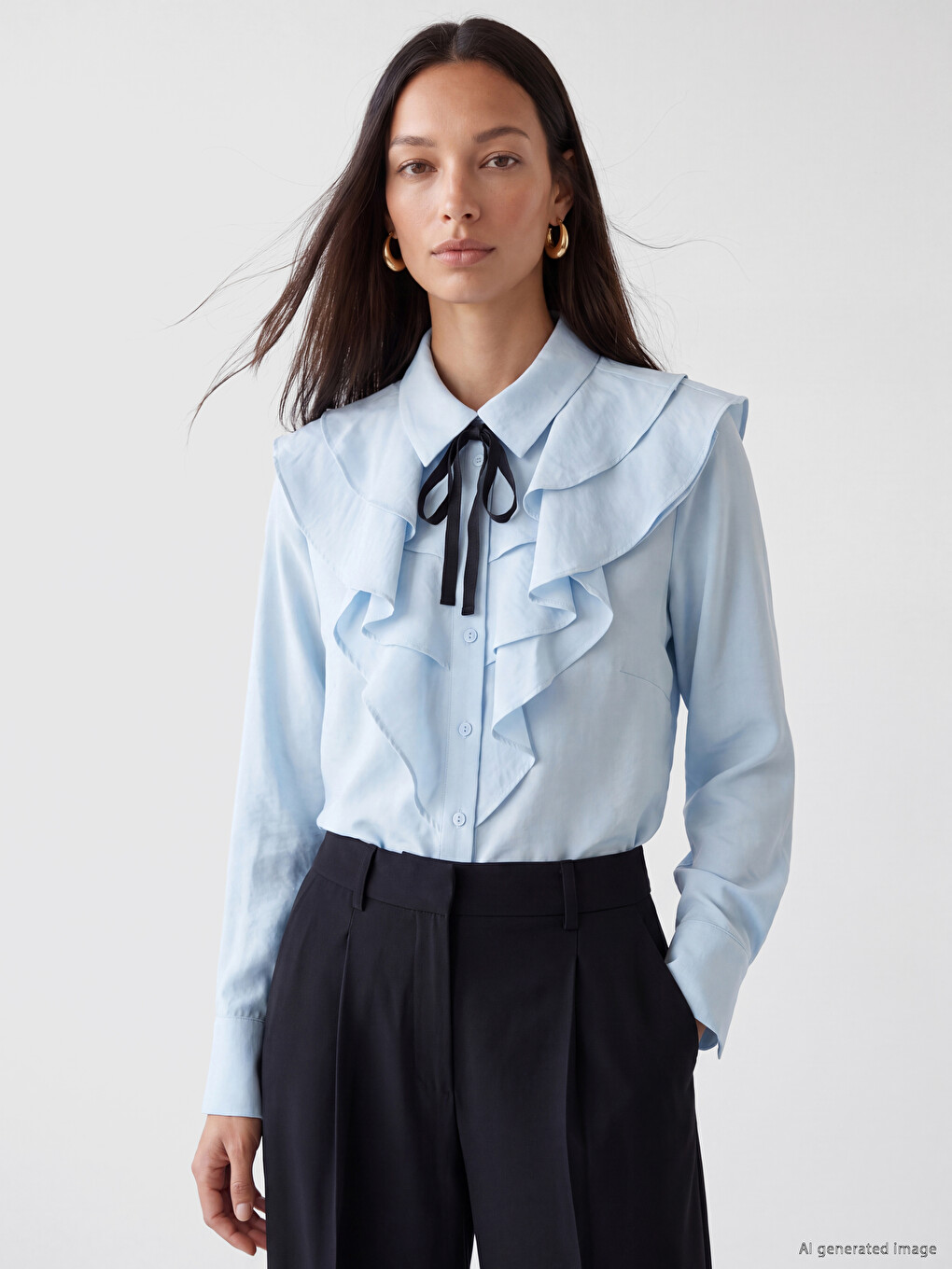 Shirt Collar Ribbon Detailed Frilled Blouse