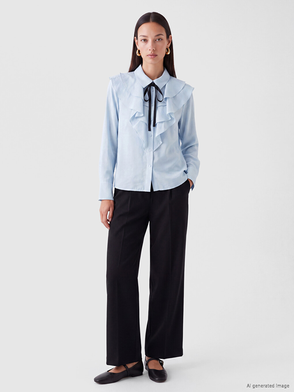 Shirt Collar Ribbon Detailed Frilled Blouse-1