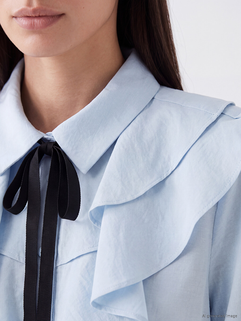 Shirt Collar Ribbon Detailed Frilled Blouse-2