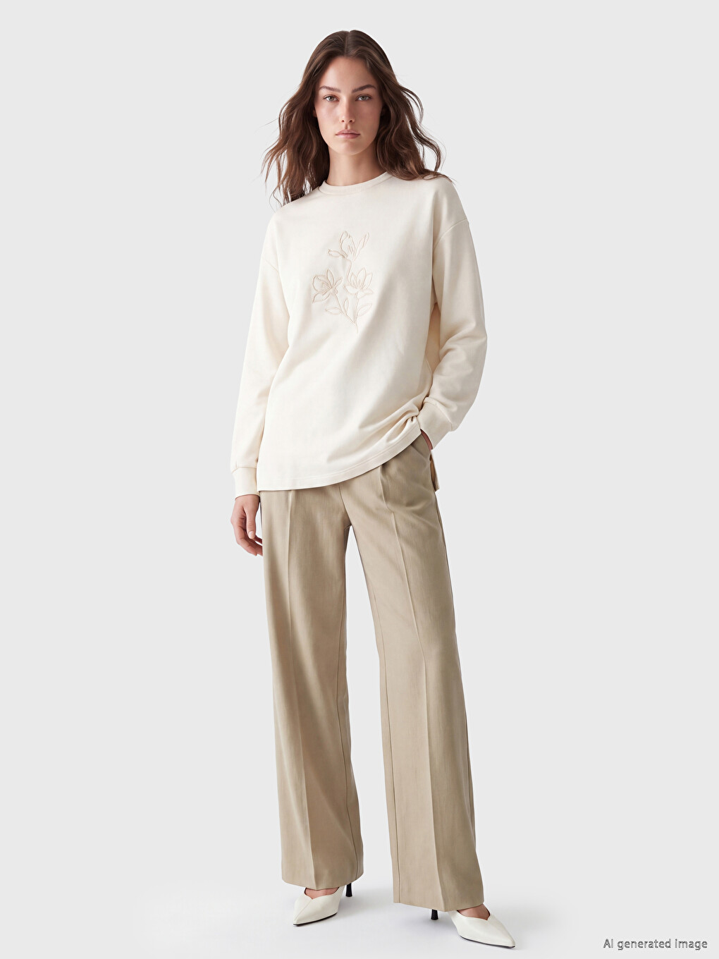 Bej Nakışlı Soft Touch Kadın Sweatshirt Tunik-1
