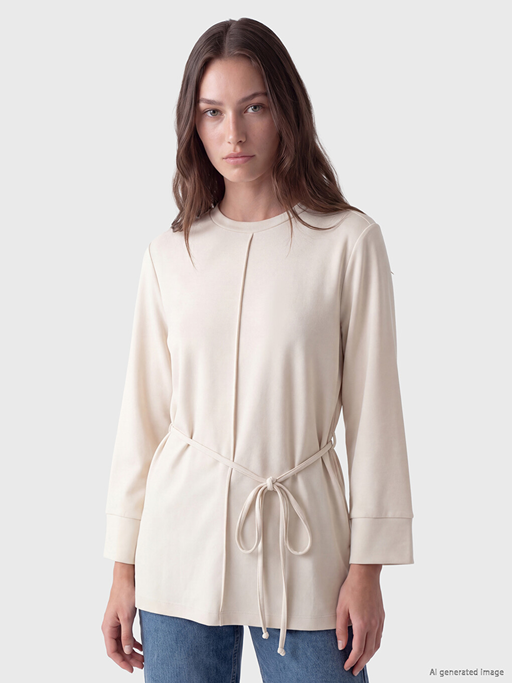 Bej Soft Touch Kadın Sweatshirt Tunik-1