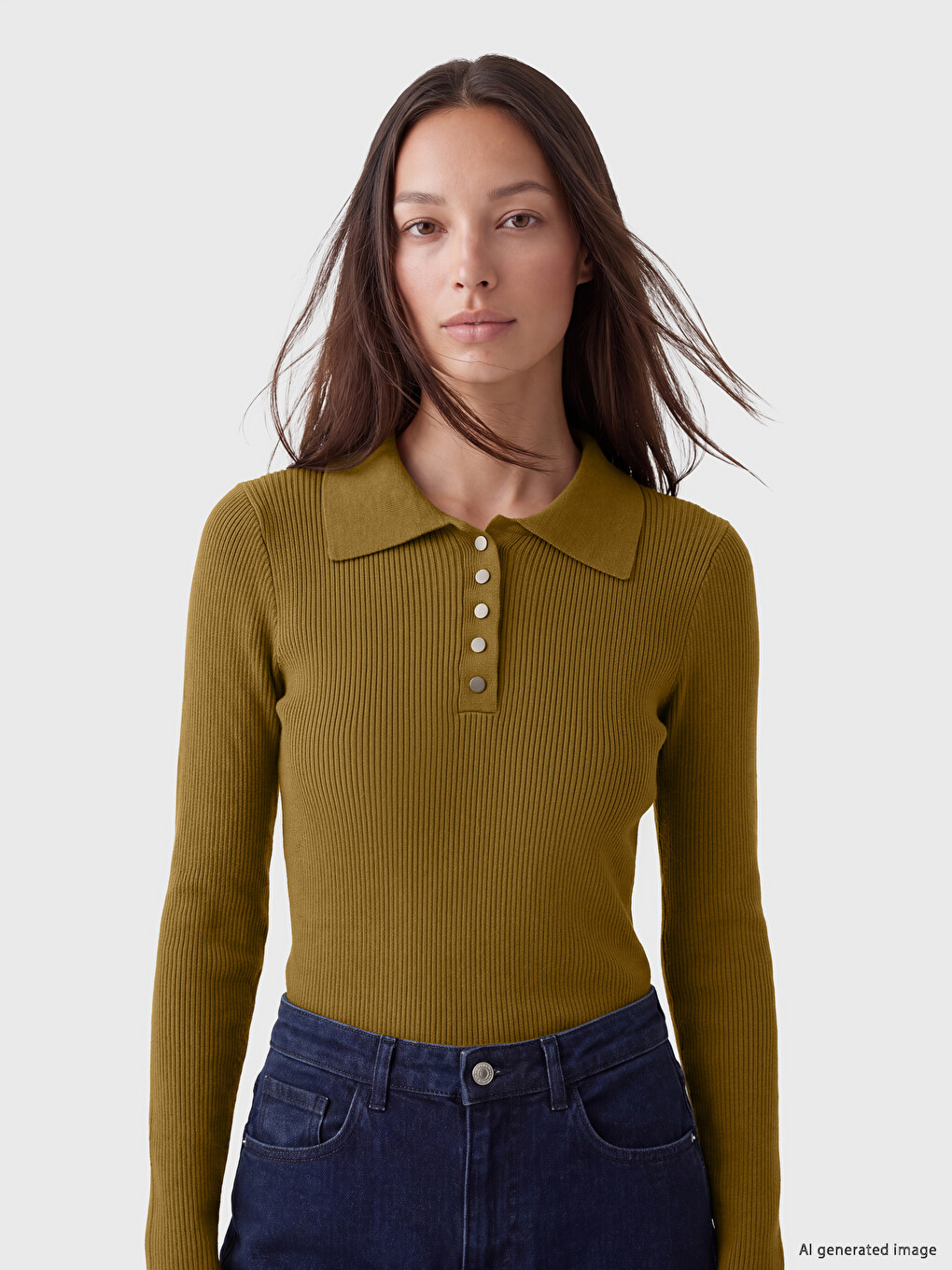Yeşil Polo Yaka Kadın Fitilli Triko Kazak