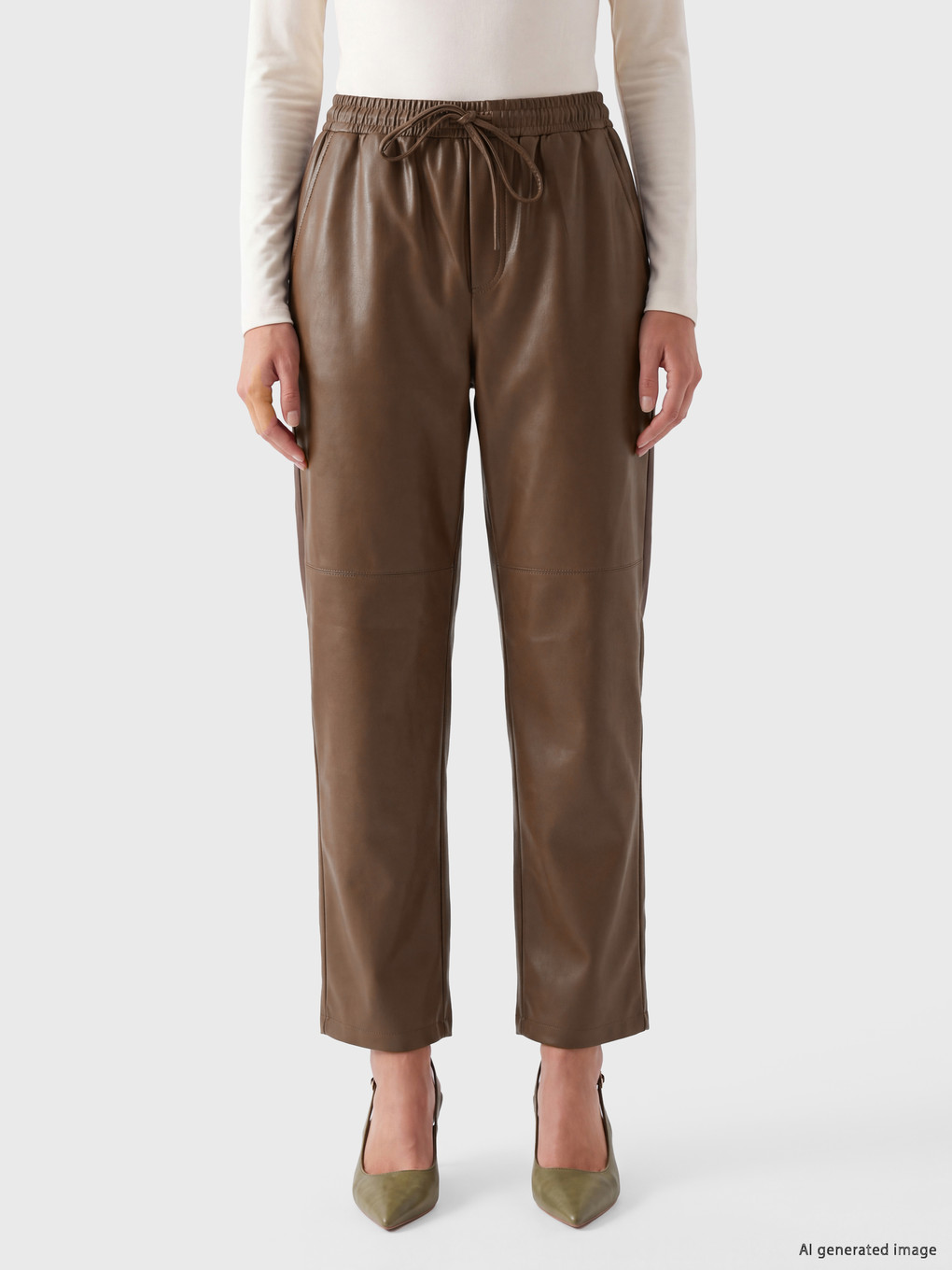 Elasticated Carrot Fit Leather Look Trousers-1