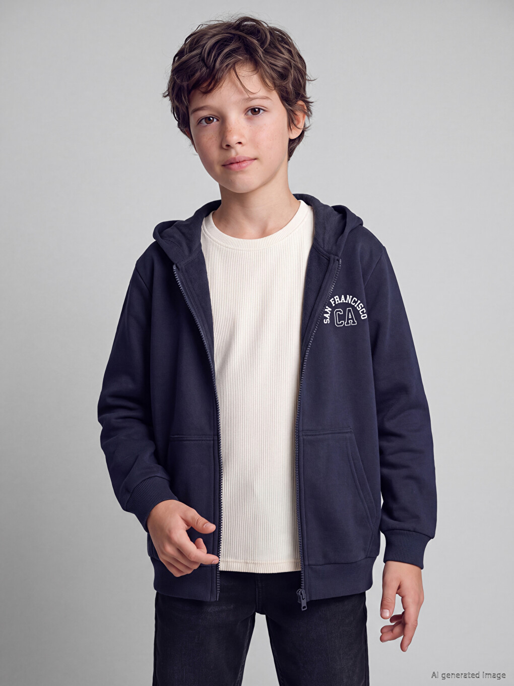 Lacivert Baskılı Erkek Çocuk Kalın Fermuarlı Sweatshirt-1