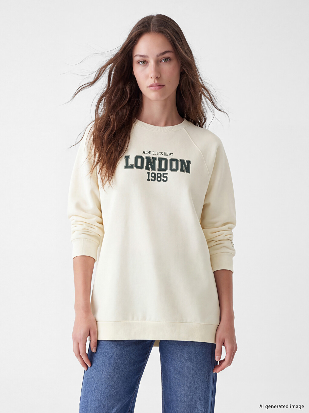Bej Baskılı Oversize Kadın Kalın Sweatshirt Tunik