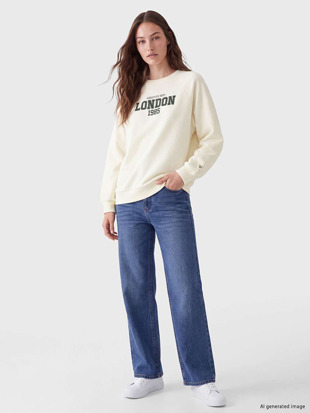 Bej Baskılı Oversize Kadın Kalın Sweatshirt Tunik-1