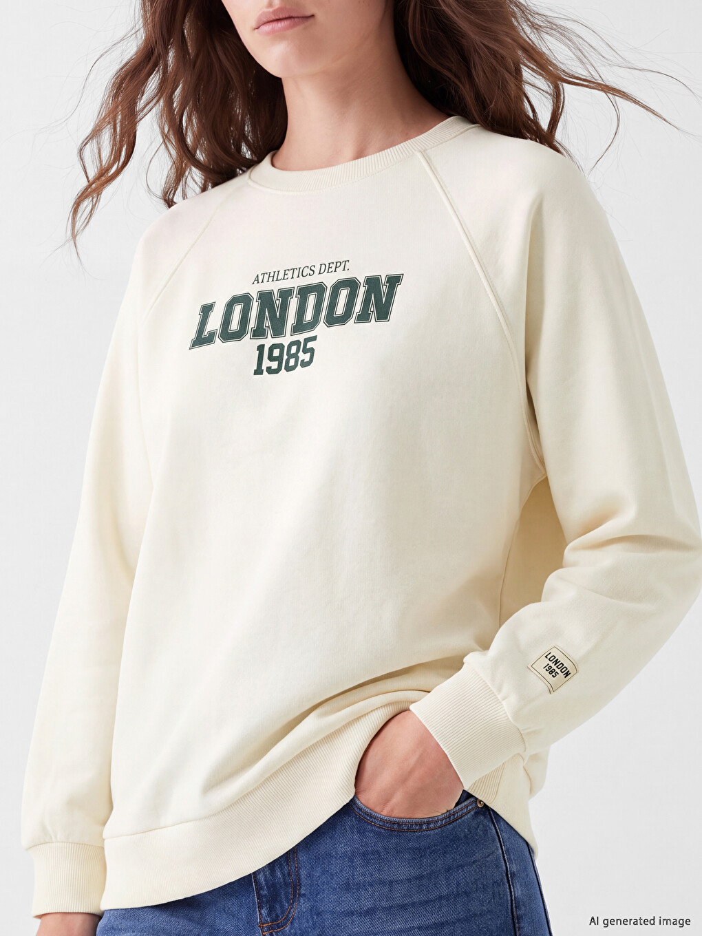 Bej Baskılı Oversize Kadın Kalın Sweatshirt Tunik-2