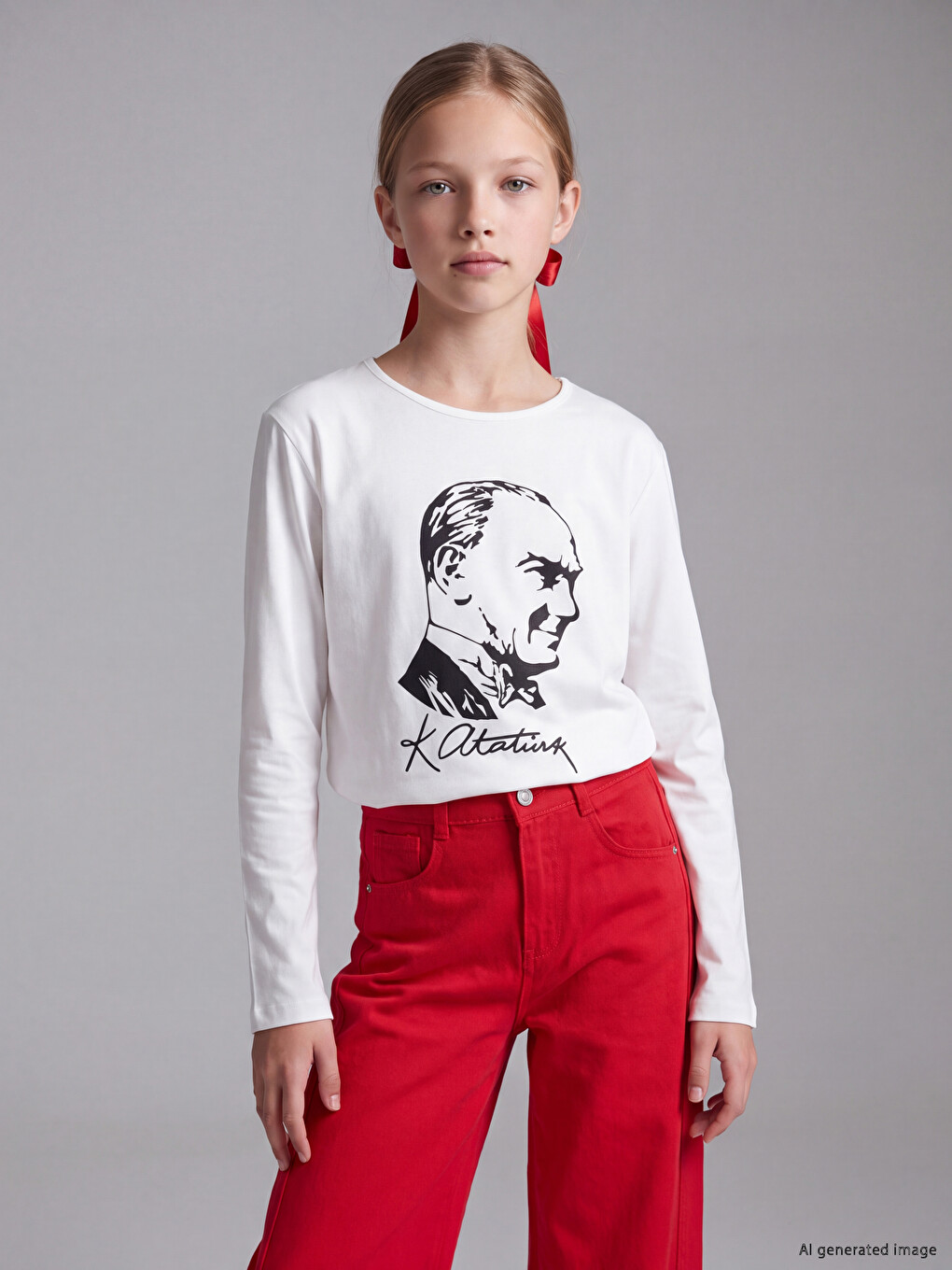 Beyaz Atatürk Baskılı Kız Çocuk Tişört-1