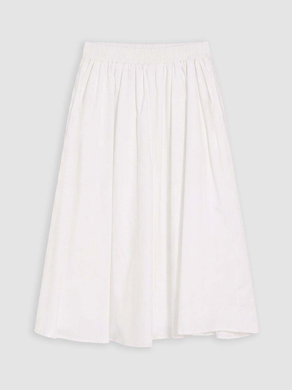 Beyaz Beli Lastikli Poplin Kloş Etek