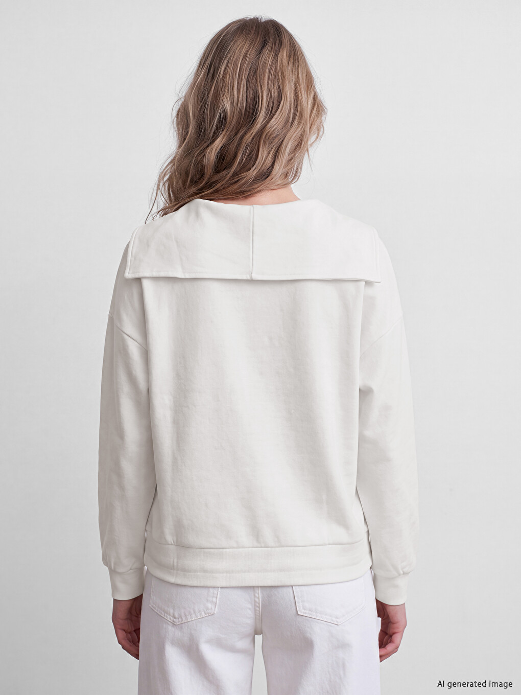 Ekru Denizci Yaka Beli Bağcıklı Kadın Sweatshirt-3