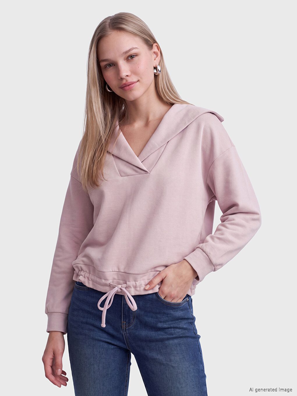 Lila Denizci Yaka Beli Bağcıklı Kadın Sweatshirt