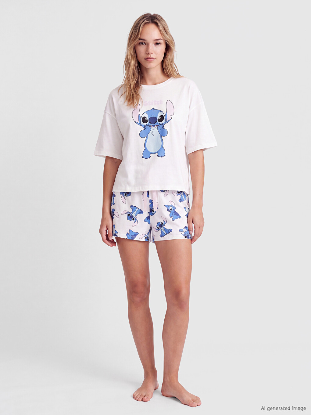 Set Pizhamash Të Shkurtra Me Stampim Stitch Për Gra