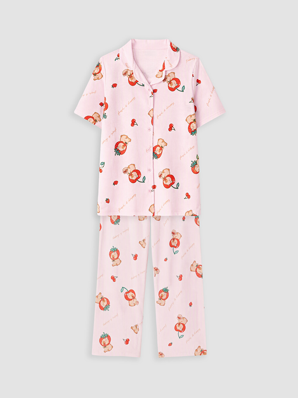 Pembe Gömlek Yaka Baskılı Kız Çocuk Pijama Takım