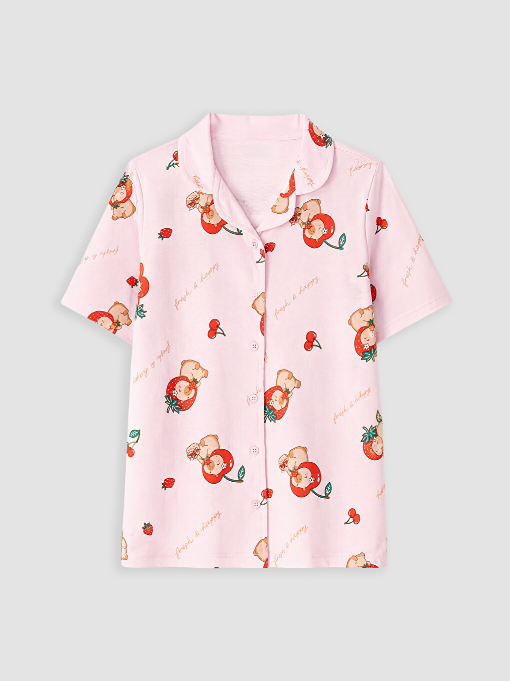 Pembe Gömlek Yaka Baskılı Kız Çocuk Pijama Takım-1