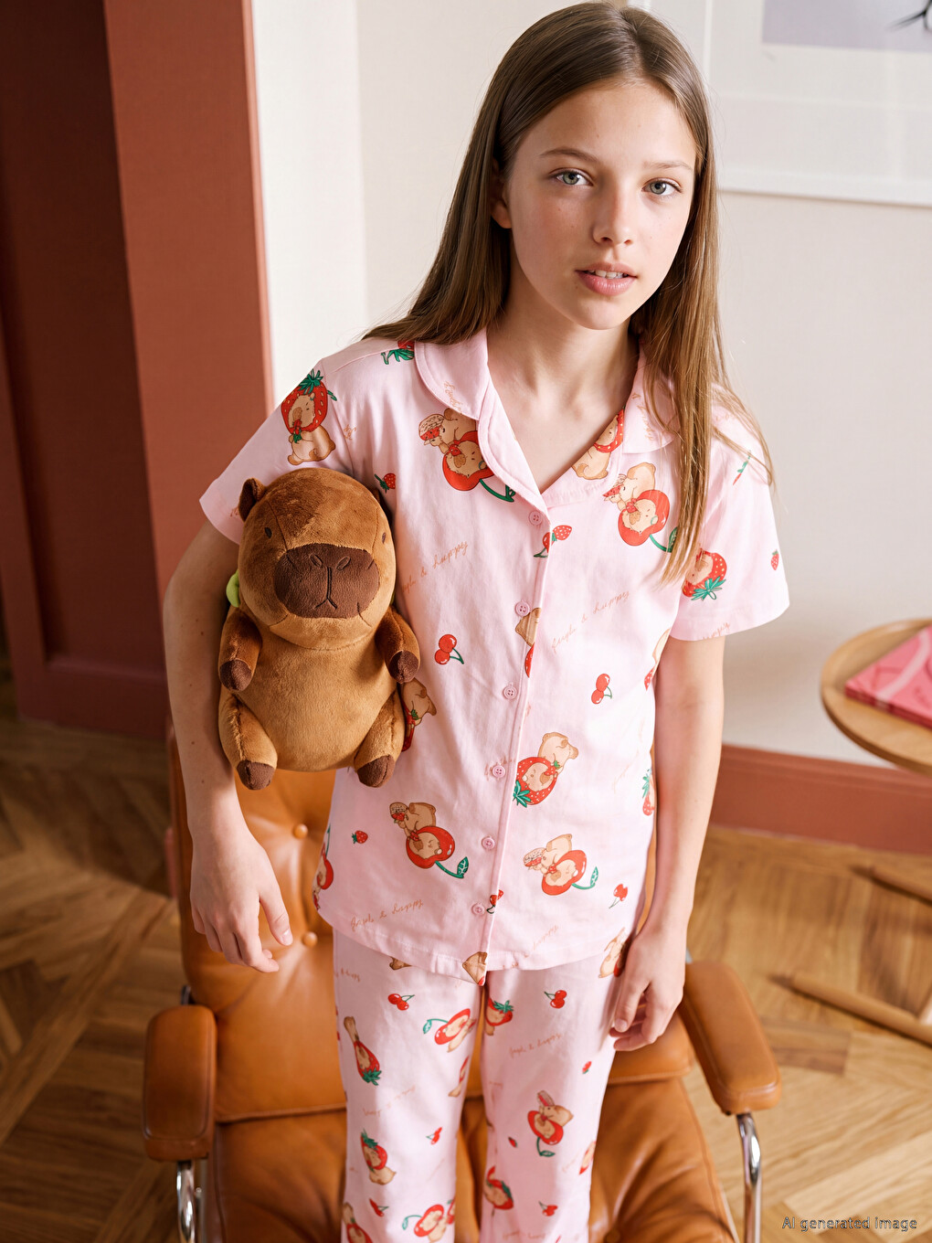 Pembe Gömlek Yaka Baskılı Kız Çocuk Pijama Takım-1