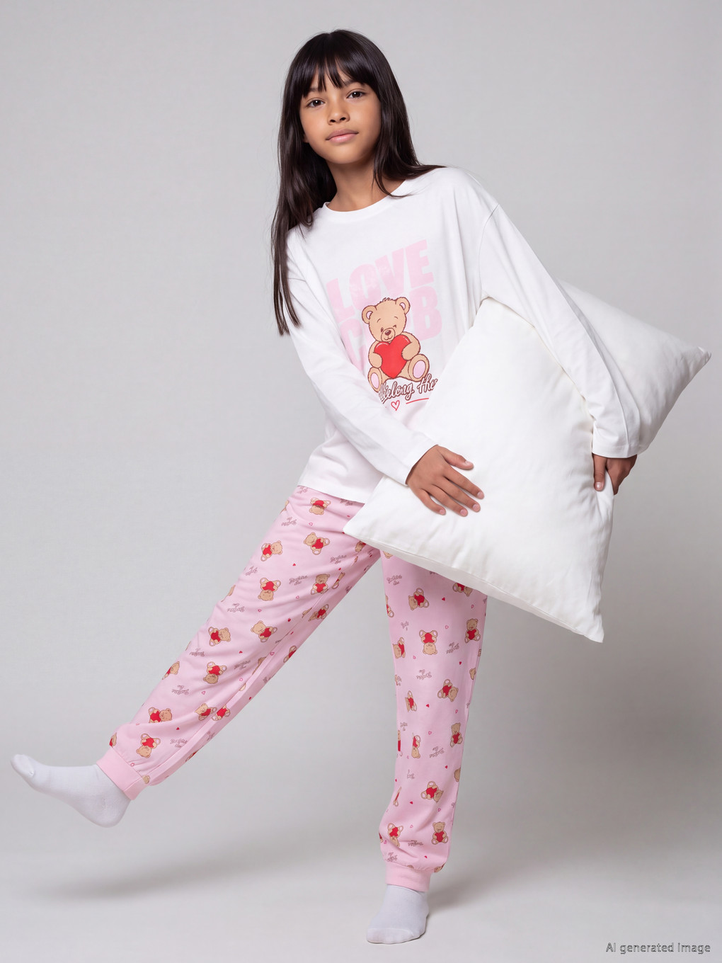 Ekru Bisiklet Yaka Kız Çocuk Pijama Takım