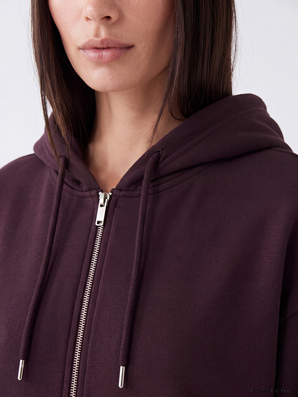 Mürdüm Kapüşonlu Kadın Kalın Fermuarlı Sweatshirt-2
