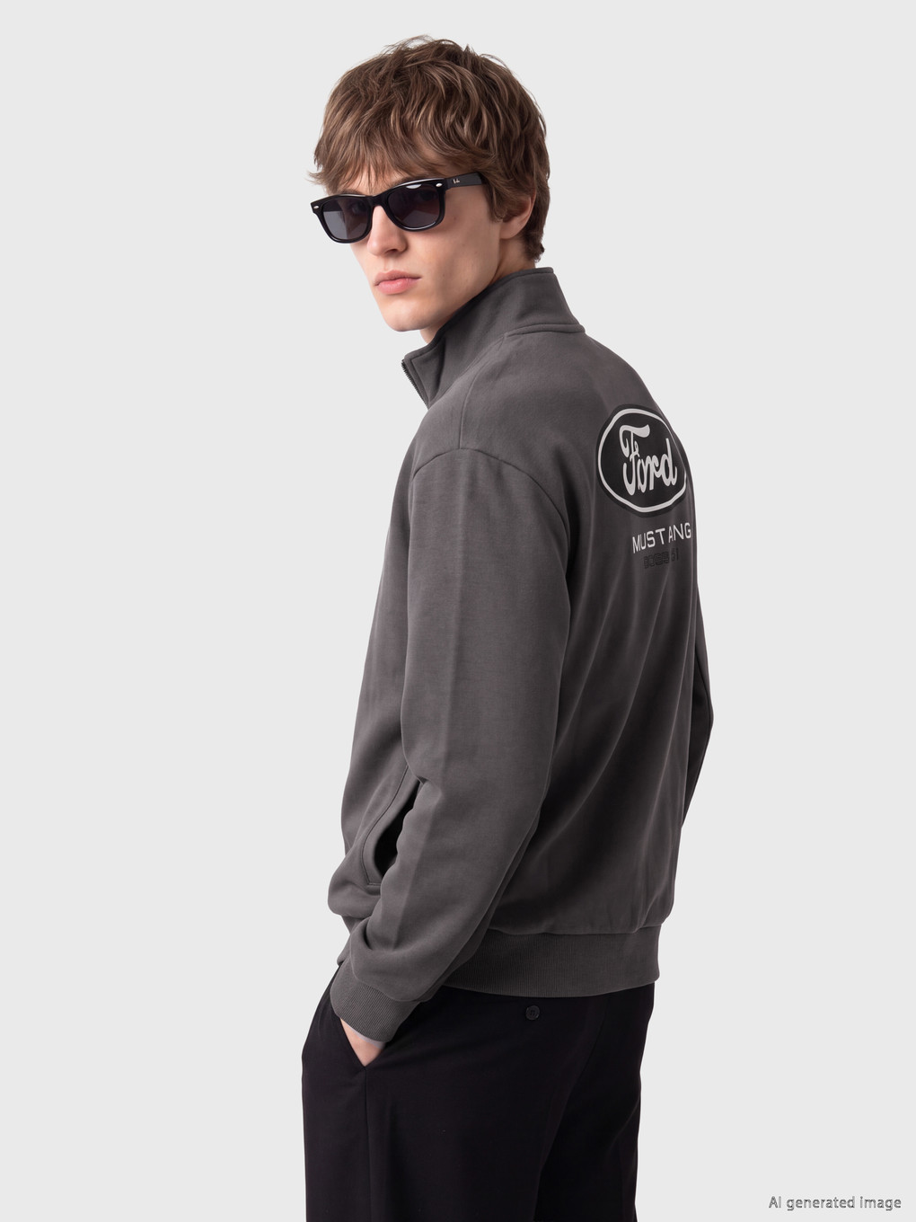 Antrasit Dik Yaka Ford Baskılı Erkek Sweatshirt