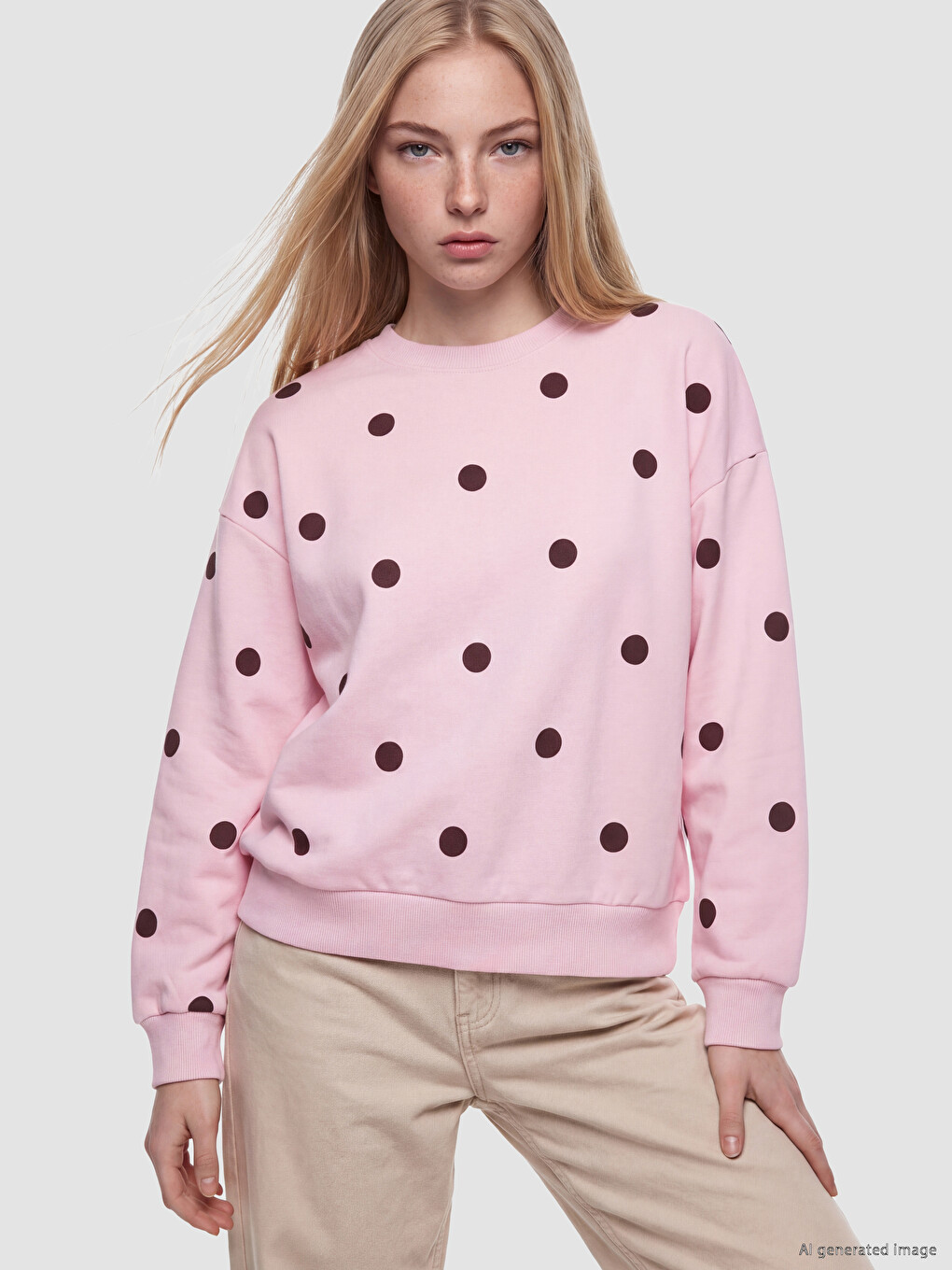 Pembe Puantiyeli Oversize Kadın Kalın Sweatshirt