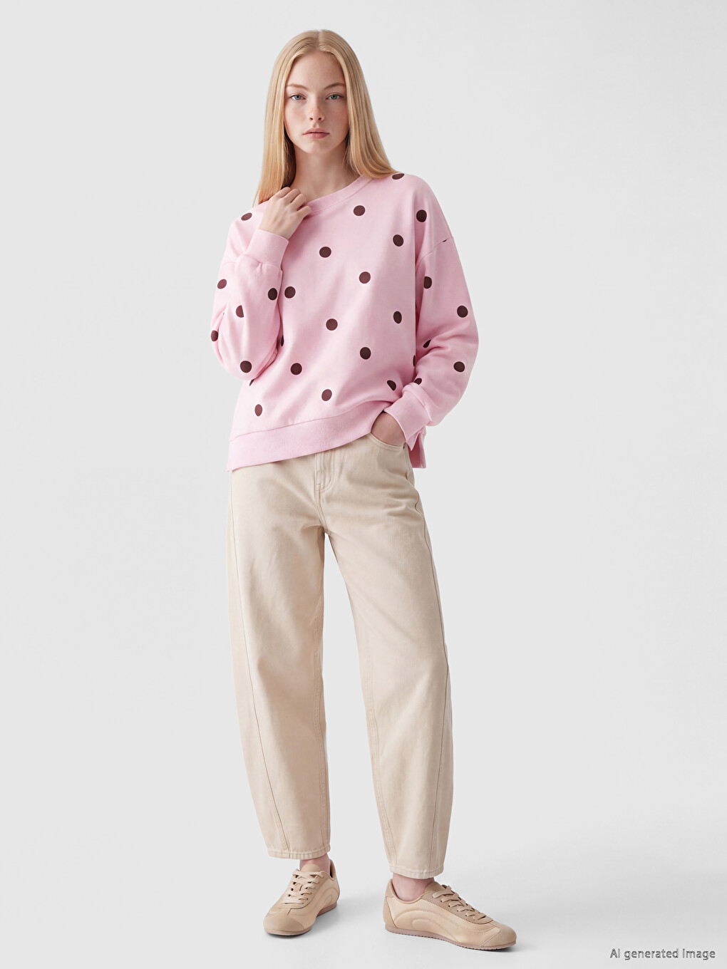 Pembe Puantiyeli Oversize Kadın Kalın Sweatshirt-1