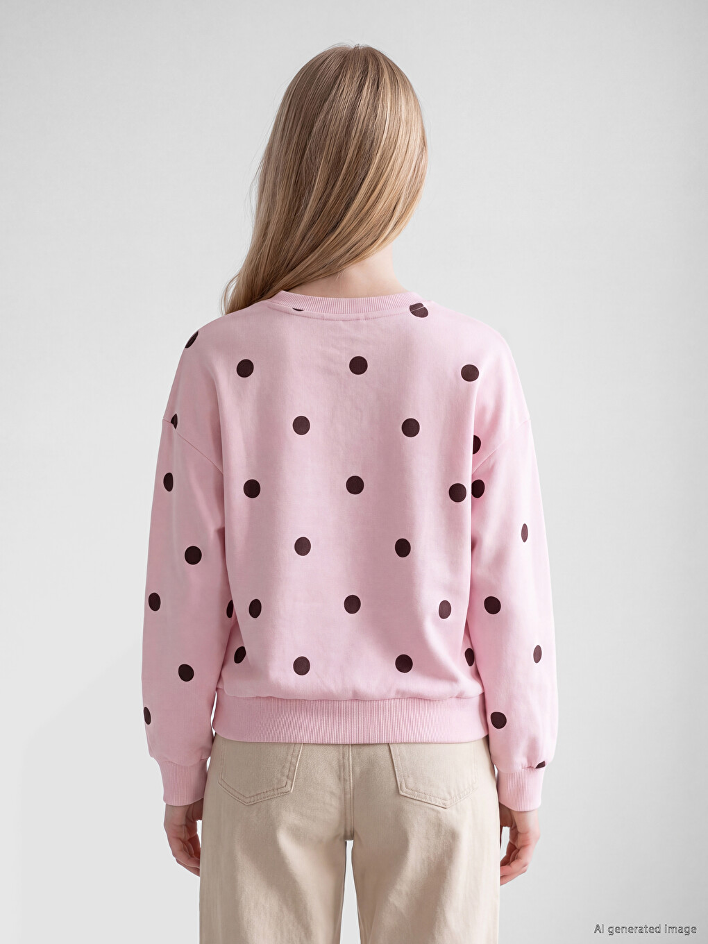 Pembe Puantiyeli Oversize Kadın Kalın Sweatshirt-3