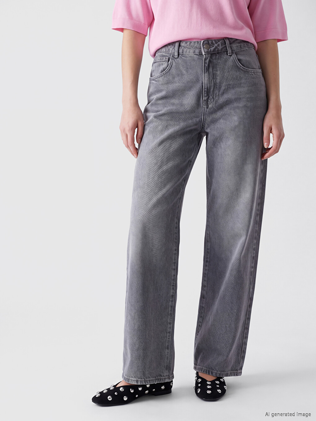 Gri Straight Fit Kadın Jean Pantolon-1