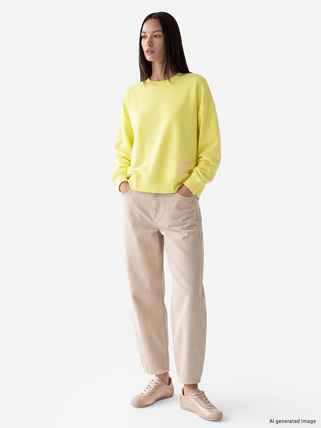 Sarı Baskılı Oversize Kadın Sweatshirt-1