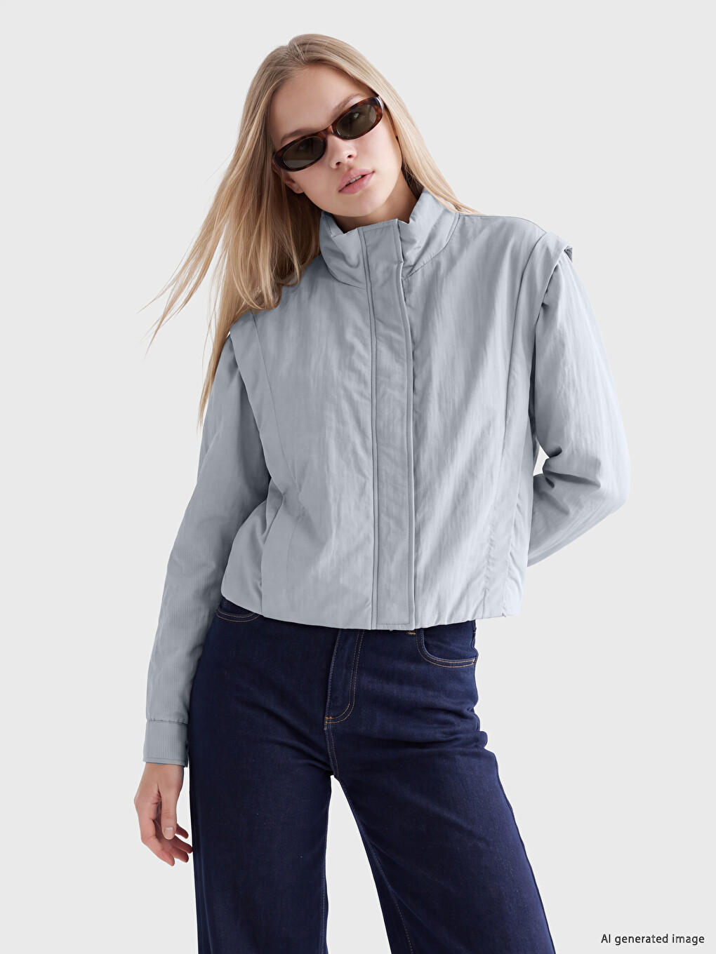 Mavi Dik Yaka Oversize Kadın Ceket-1