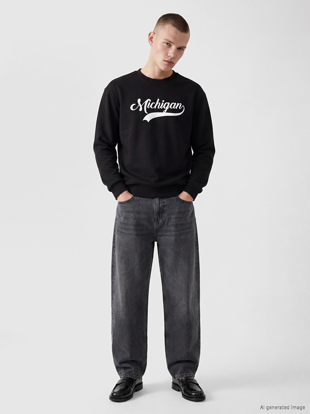 Siyah Bisiklet Yaka Michigan Baskılı Erkek Sweatshirt-1