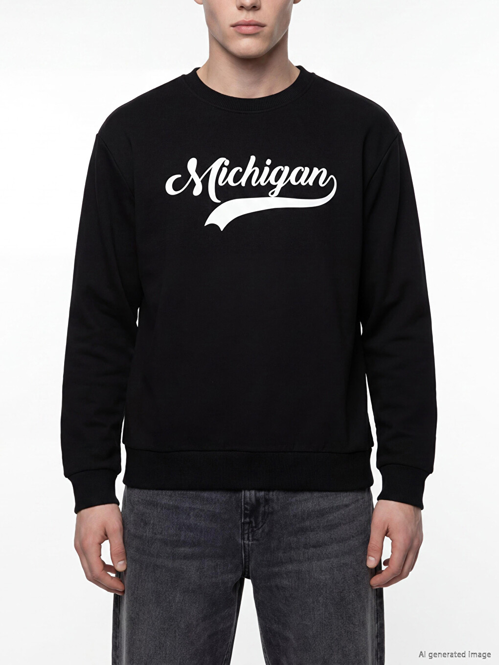 Siyah Bisiklet Yaka Michigan Baskılı Erkek Sweatshirt-2