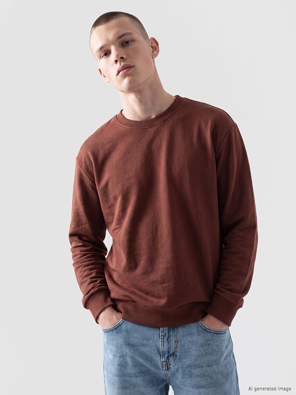 Kahverengi Bisiklet Yaka Erkek Sweatshirt