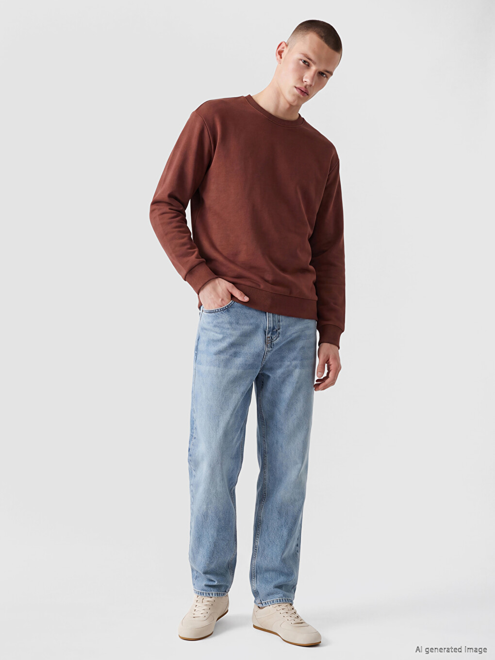 Kahverengi Bisiklet Yaka Erkek Sweatshirt-1