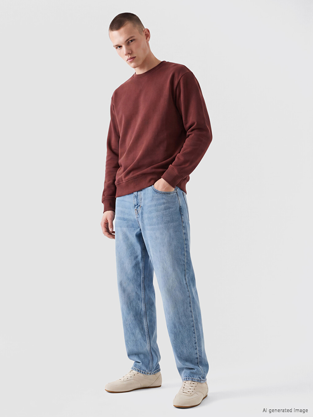 Kahverengi Bisiklet Yaka Erkek Sweatshirt-1