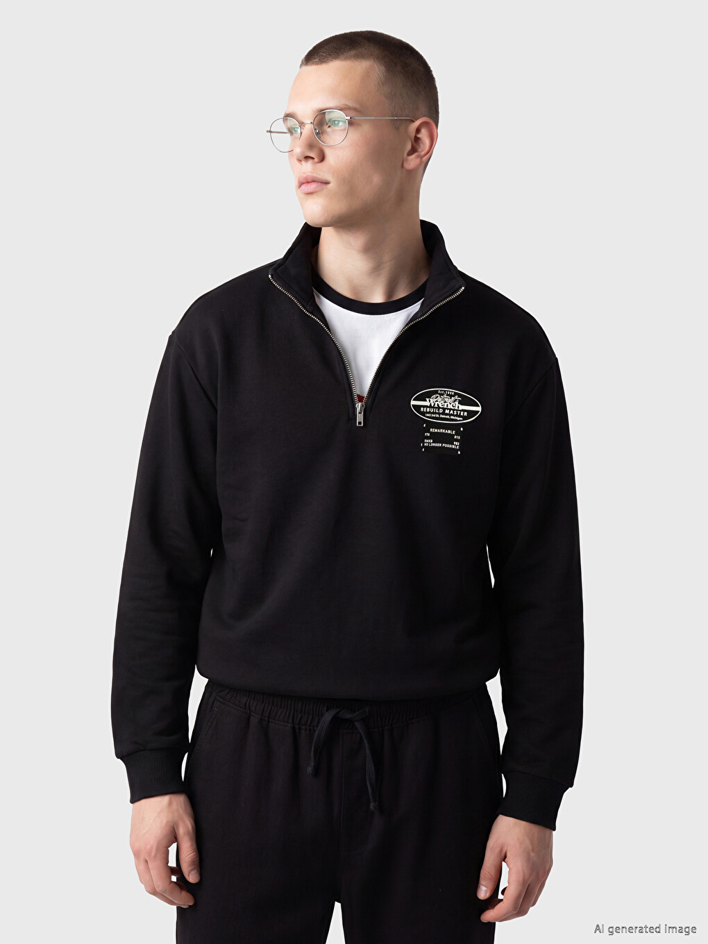 Siyah Fermuarlı Dik Yaka Baskılı Erkek Sweatshirt