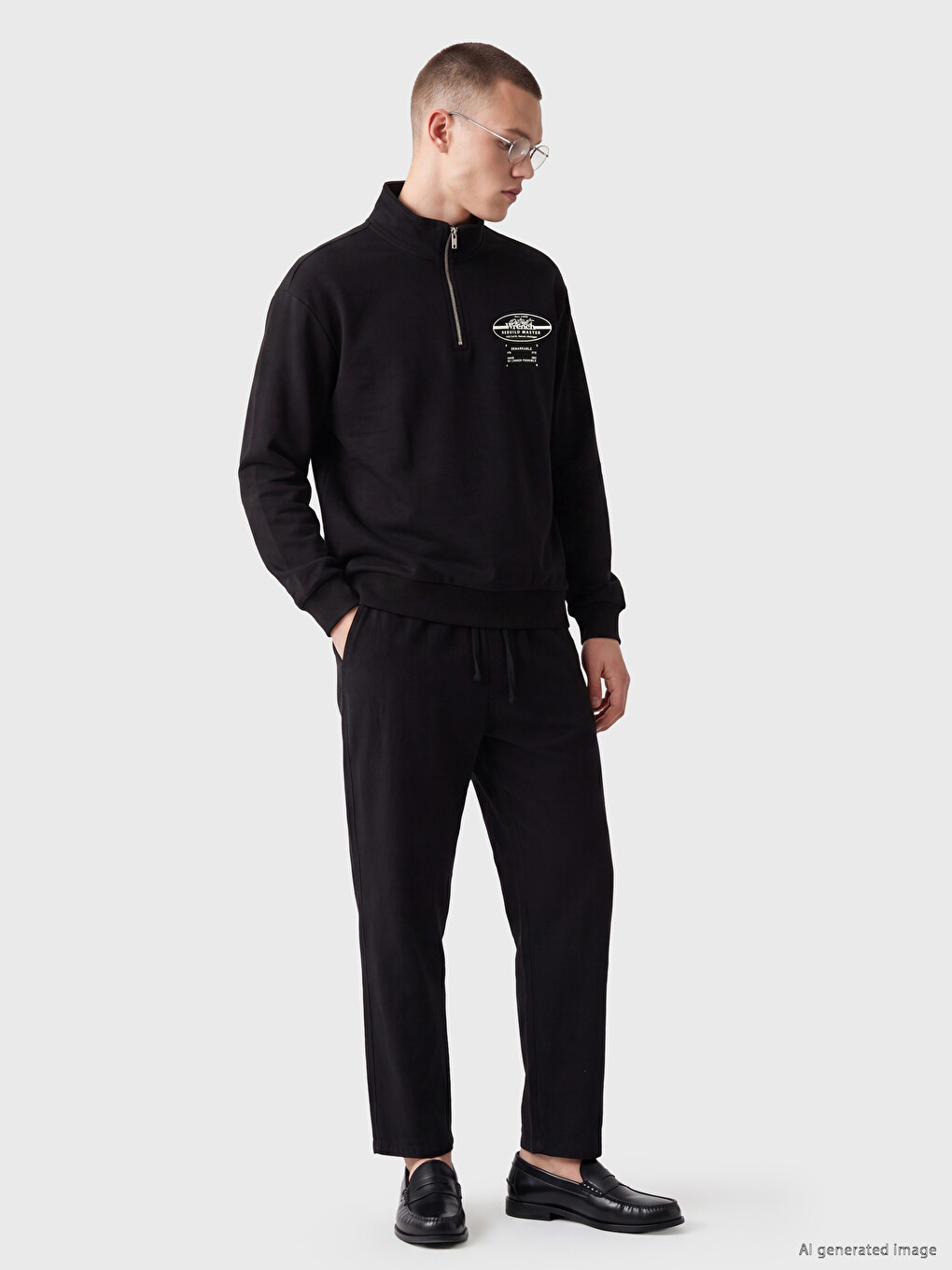 Siyah Fermuarlı Dik Yaka Baskılı Erkek Sweatshirt-1