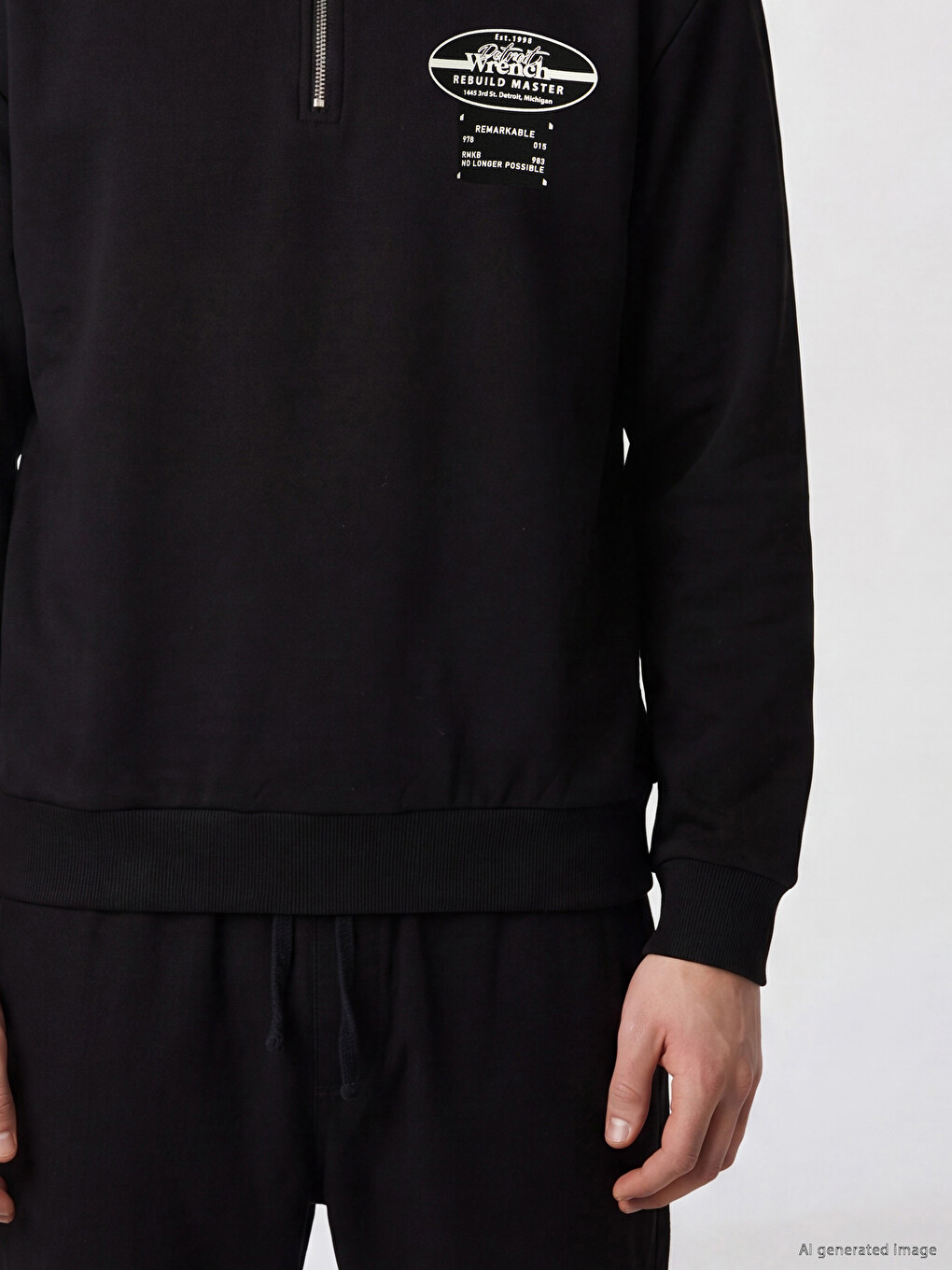 Siyah Fermuarlı Dik Yaka Baskılı Erkek Sweatshirt-2