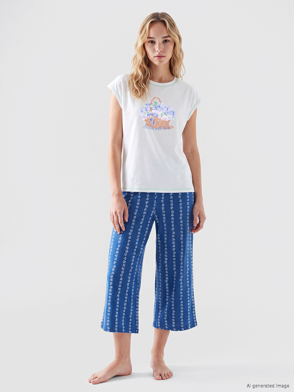 Crew Neck Printed Women's Capri Pyjamas Set