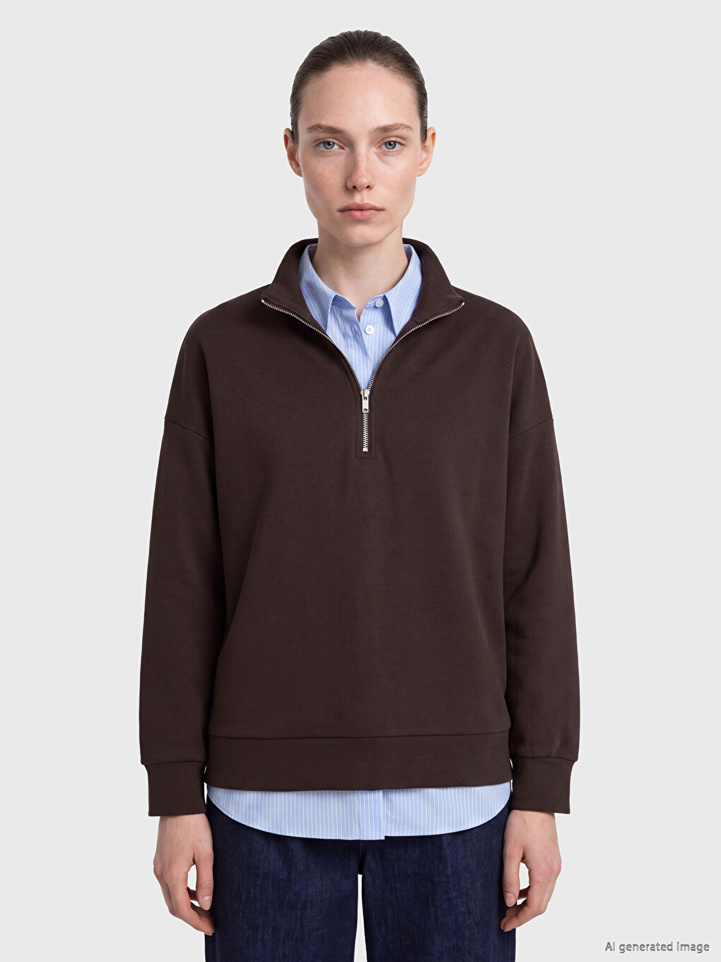 Kahverengi Dik Yaka Soft Touch Kadın Sweatshirt