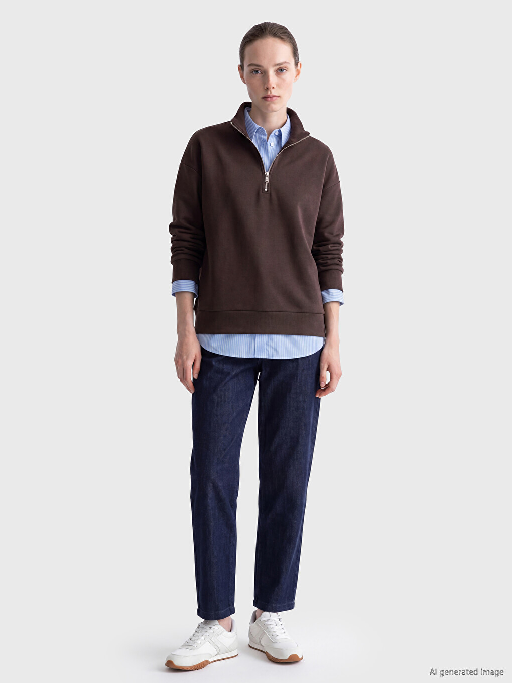 Kahverengi Dik Yaka Soft Touch Kadın Sweatshirt-1