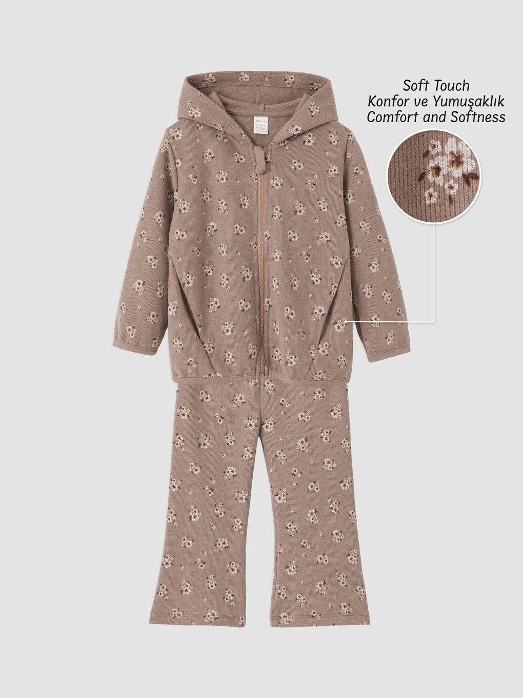 Kahverengi Çiçekli Kız Bebek Soft Touch Takım
