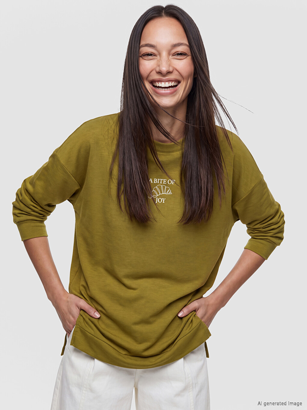 Yeşil Soft Touch Baskılı Kadın Sweatshirt Tunik