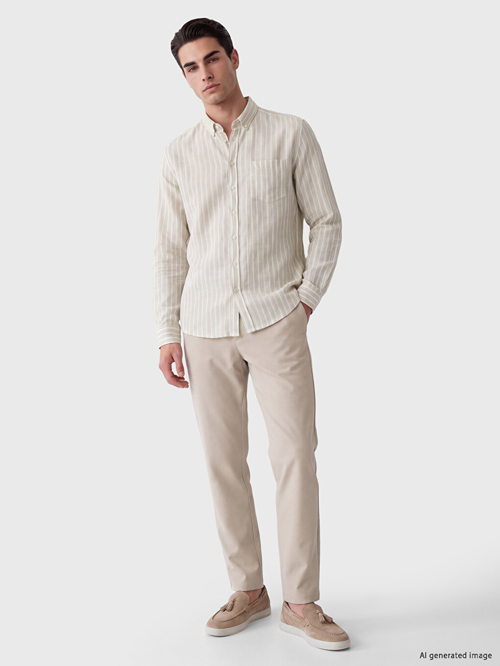 Bej Regular Fit Çizgili Gabardin Erkek Gömlek-1