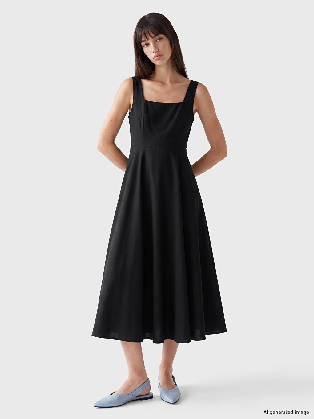Square Neck Fitted Waist Dress-1