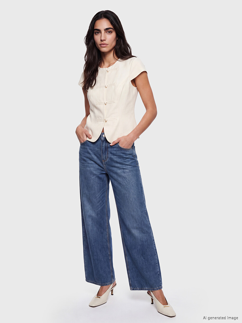 Crew Neck Embellished Buttoned Blouse-1