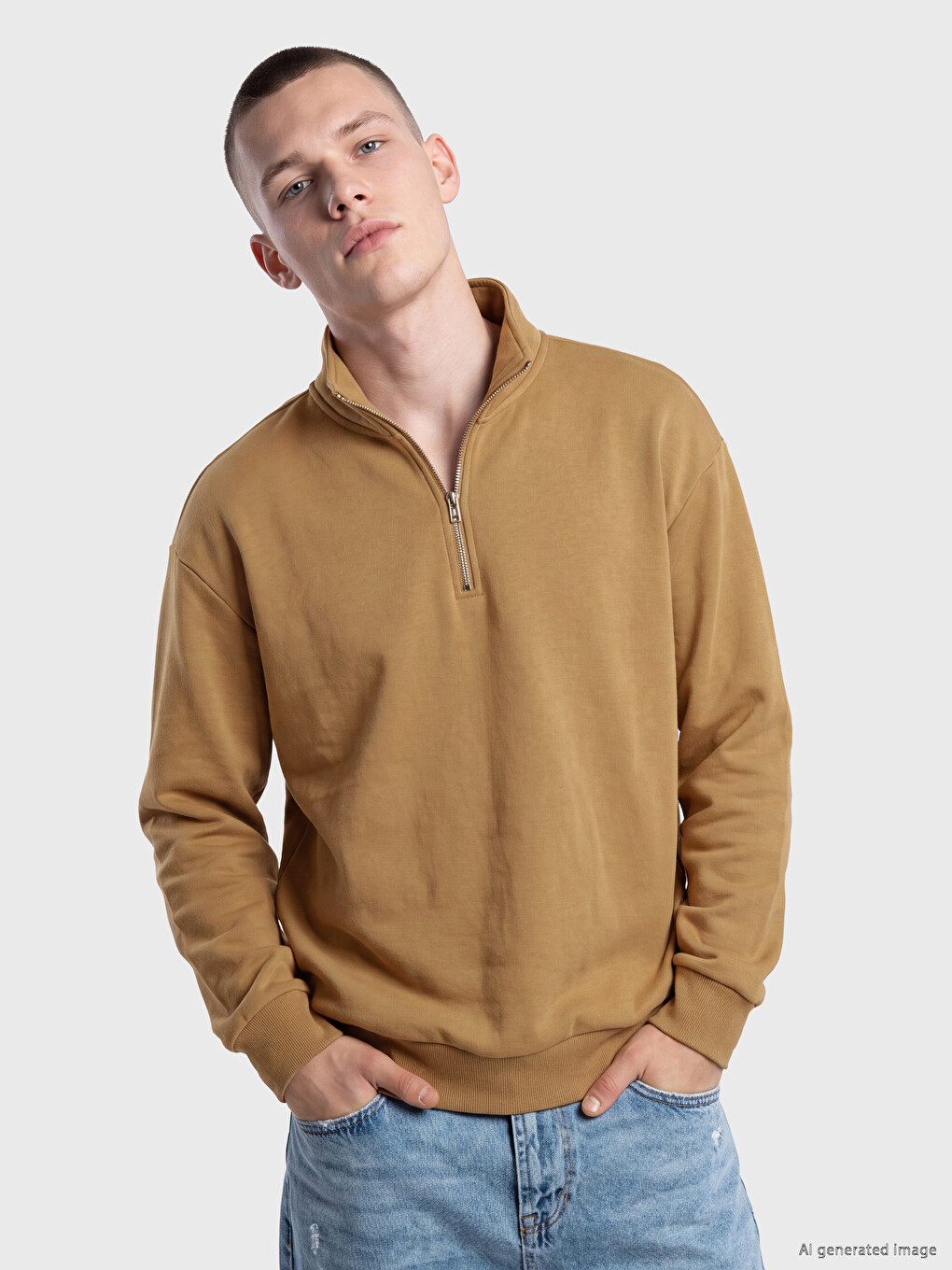 Sarı Yarım Fermuarlı Dik Yaka Erkek Sweatshirt