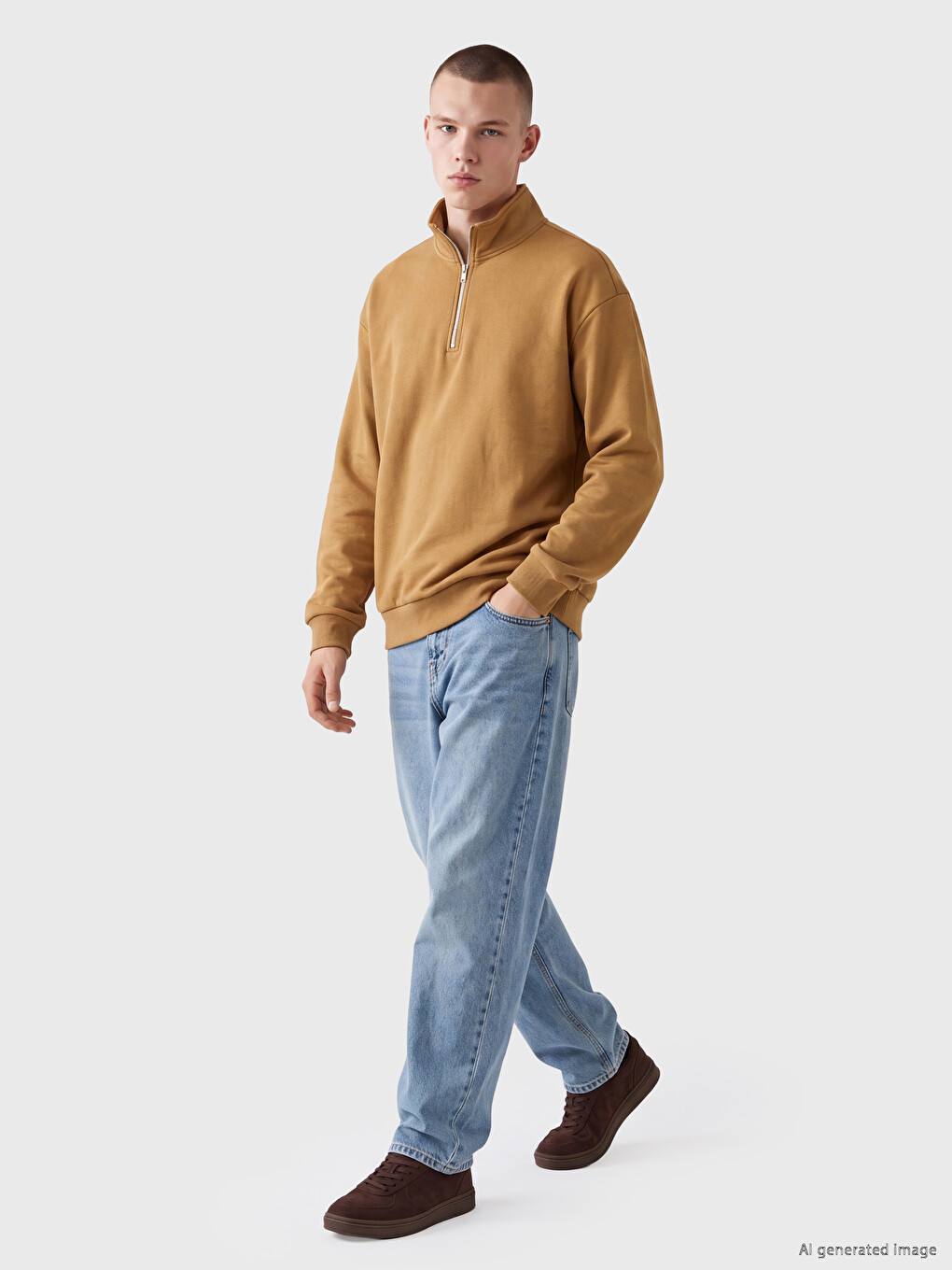 Sarı Yarım Fermuarlı Dik Yaka Erkek Sweatshirt-1