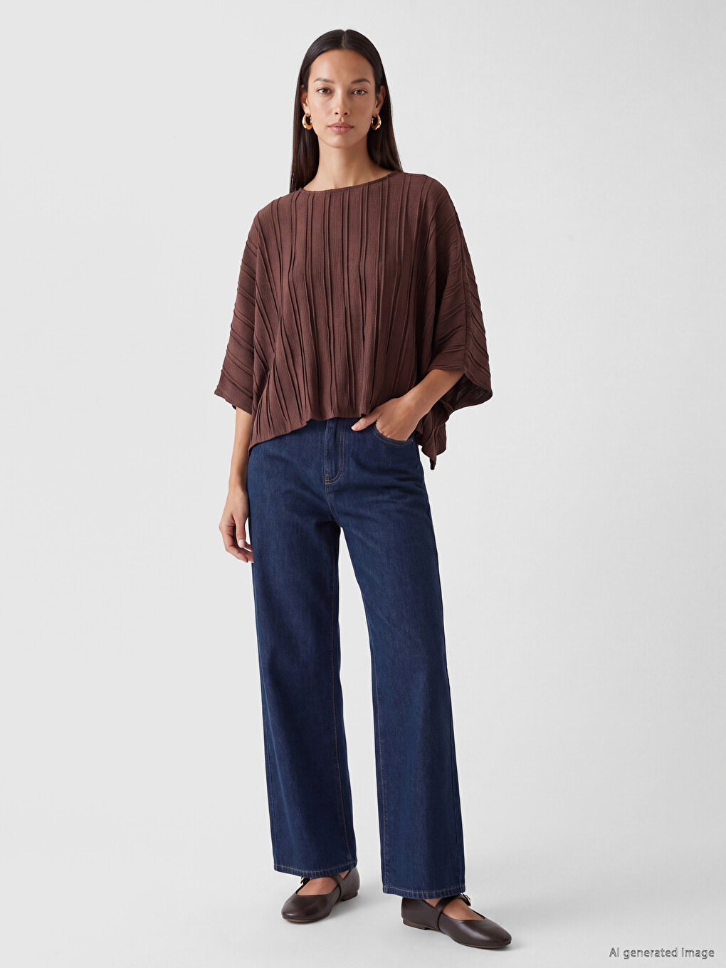Kahverengi Bisiklet Yaka Çizgili Oversize Bluz-1
